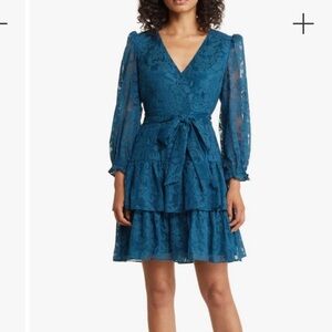Above the knee lace blue long sleeve dress